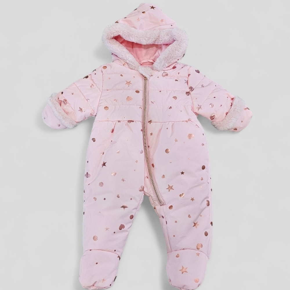 Rothschild Baby Girls Foil Print Zip Up Pram Snowsuit Bib 3-6 Months Faux Fur